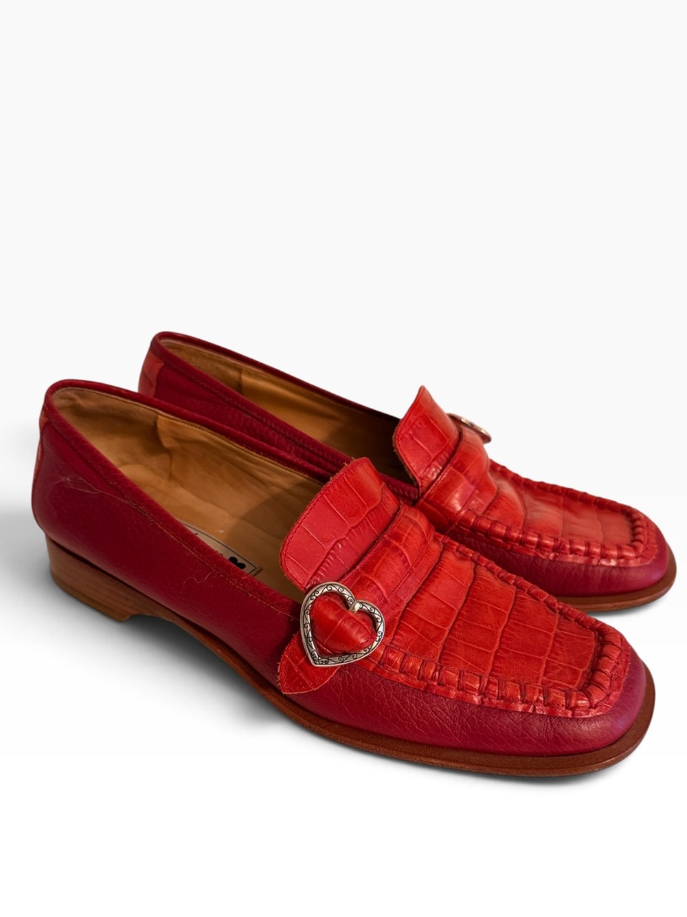 Brighton "Jean" Red Croc Embossed Leather Heart Buckle Loafers 6.5